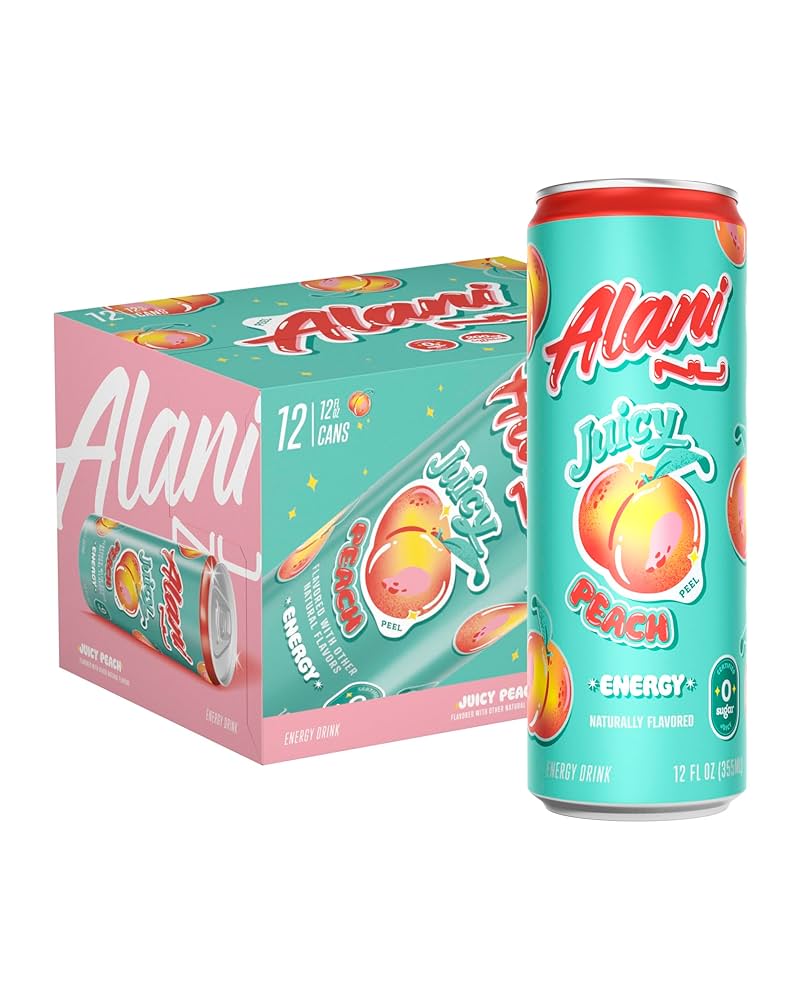 A teal peach flavored Alani energy drink