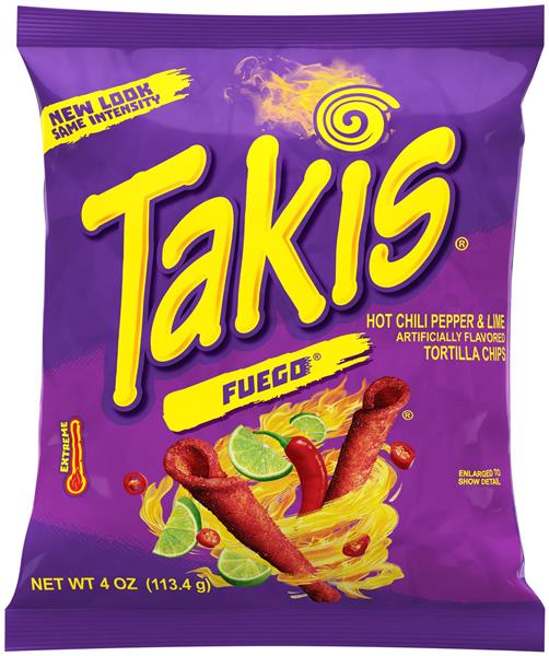 A purple bag of Takis, with a yellow logo on it